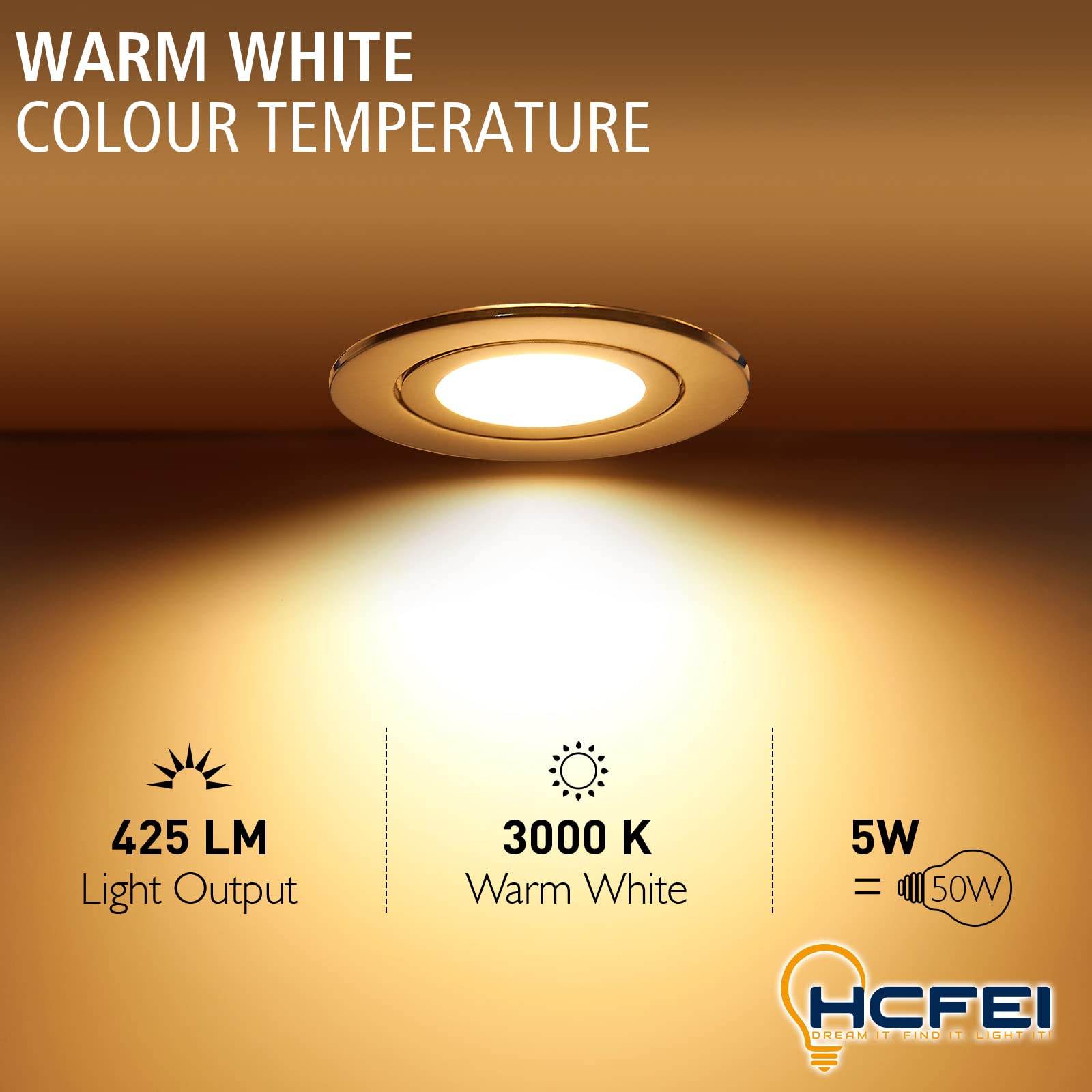 HCFEI 6er Set LED Einbaustrahler Chrom gebürstet - rund flach 5 Watt dimmbar Warmweiss 3000K 230V IP44 – geeignet für Bad, Küche, Sauna, Außenbereich – Ø65-75 mm Bohrloch, 120°Abstrahlwinkel
