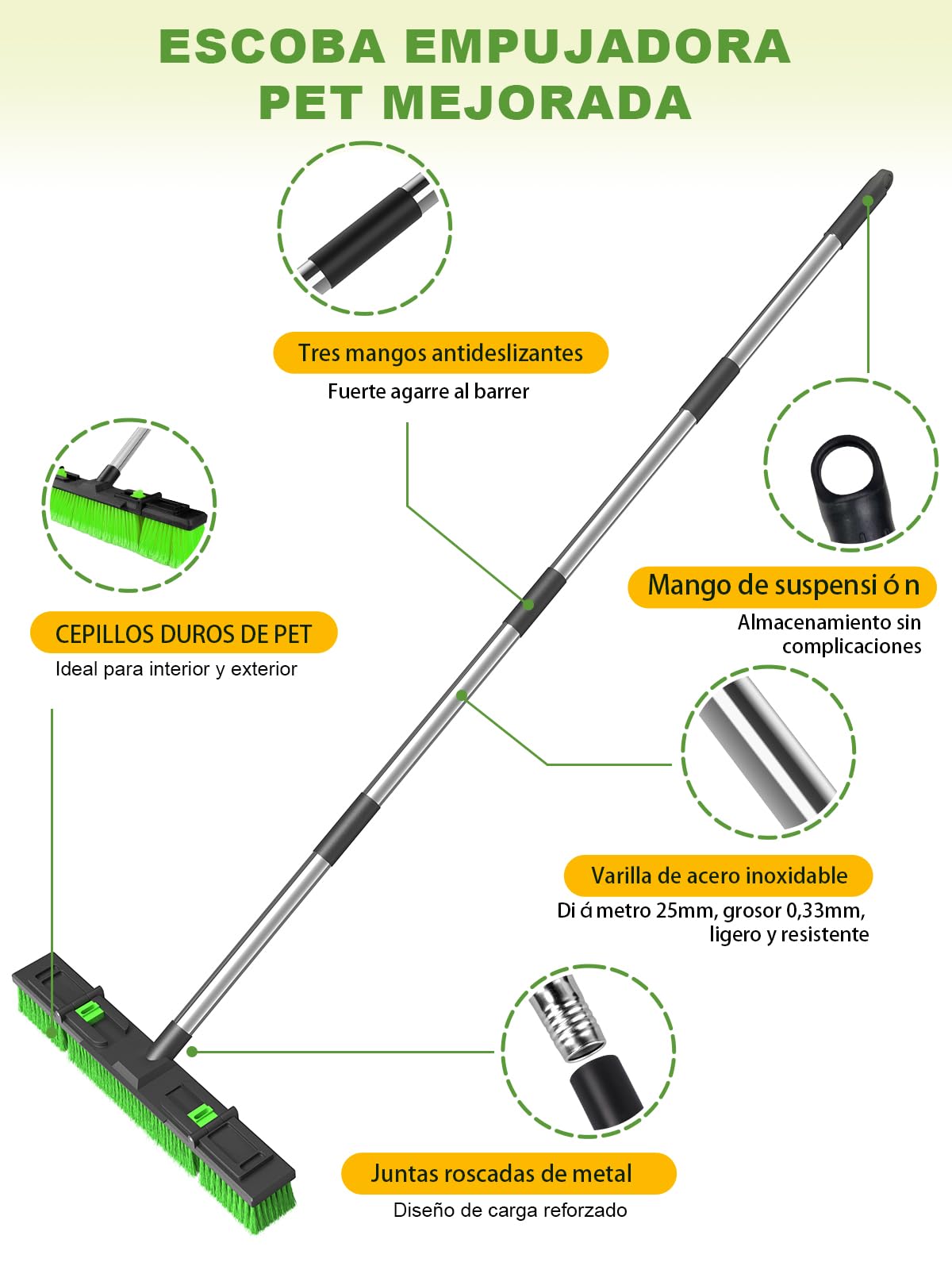 18 Pulgadas/45cm Grande Ancho Ajustable Resistente Escoba de Empuje Exterior Cabezal de Cepillo Rígido con Mango Roscado de 4 Secciones 152cm para Almacén Entrada Garaje Patio Acera Taller Limpieza