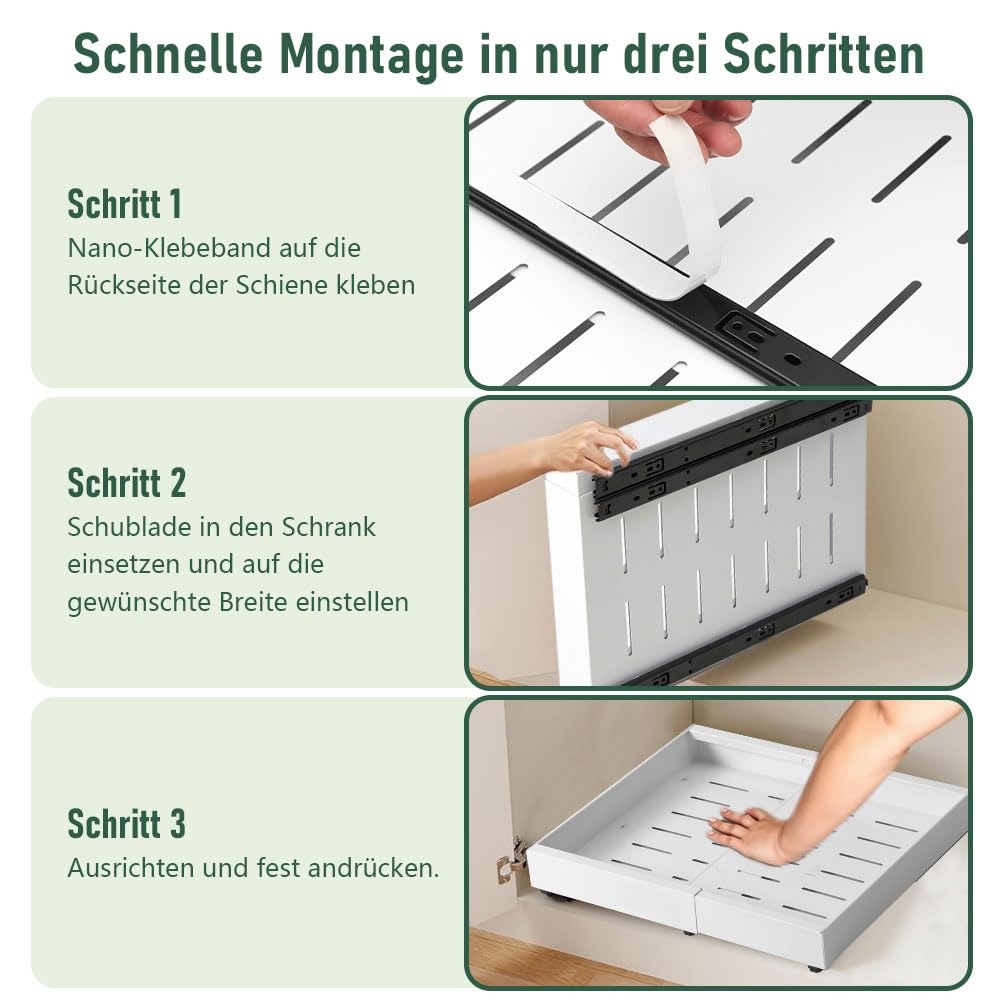 Ausziehbare Schubladen, Vielseitiger Teleskopschublade Küchen Organizer | Verstellbare Breite 32–52 cm, Tiefe: 52 cm