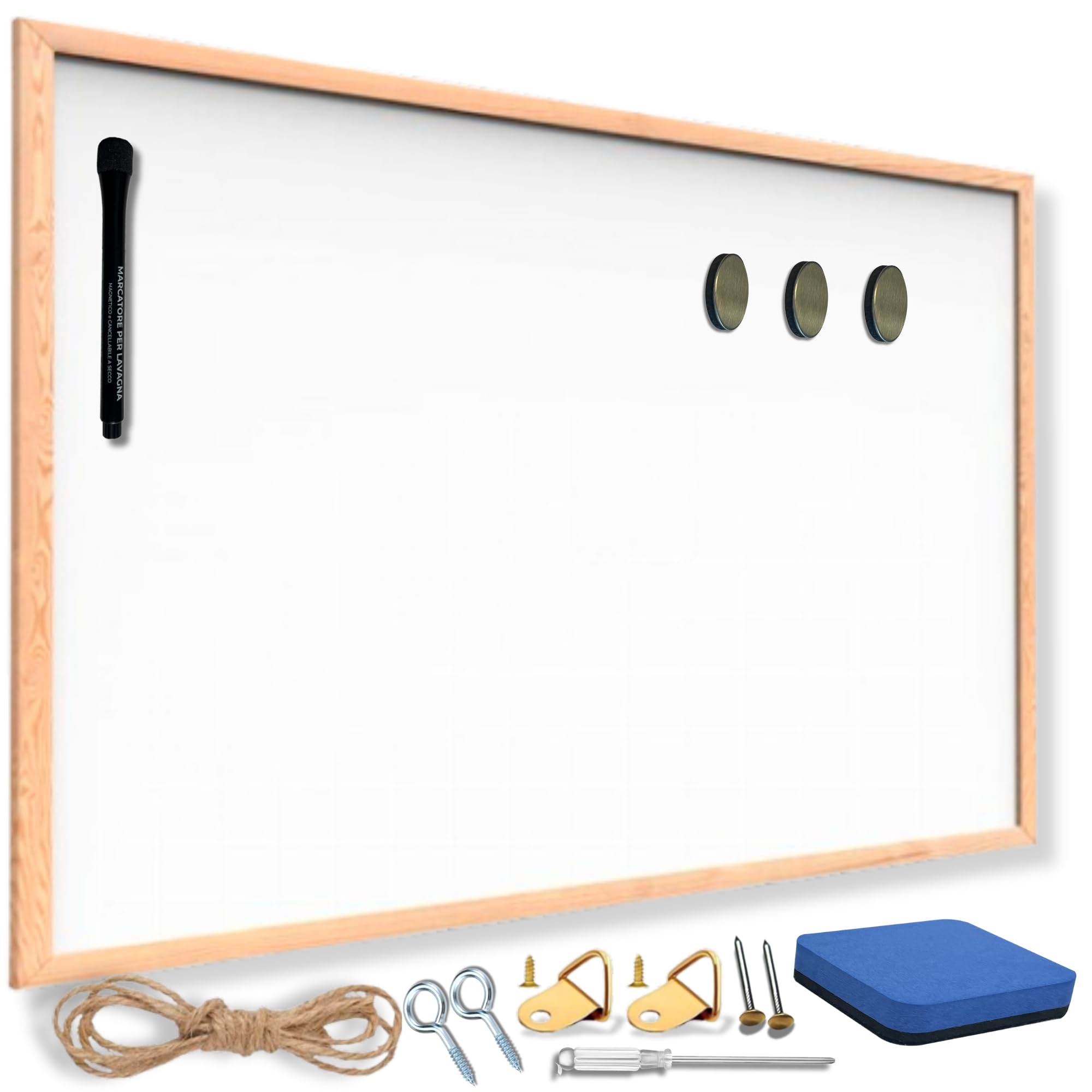 Lavagna Cancellabile Magnetica Bianca Con Cornice In Legno Di 60x40 Cm Ideale Per Ufficio, Casa, Scuola + Accessori: 1 Pennarello (Nero) + Cancellino + Accessori per Montaggio + 3 Magneti.