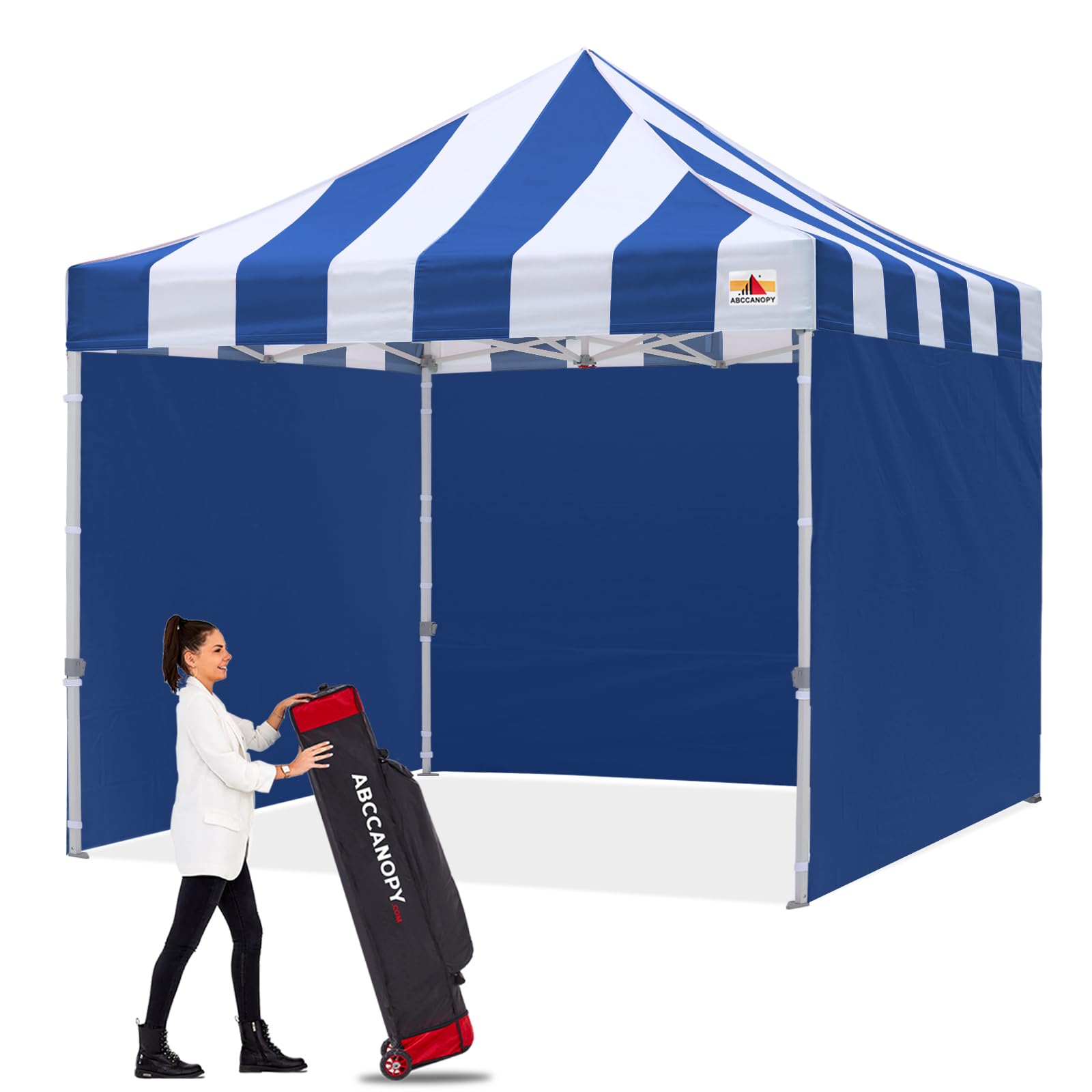 ABCCANOPYPop Up Gazebo With Side Panels and Door Wall Commercial Shelters Instant Shade And Block Rain, Bonus Upgraded Roller Bag, 4 Weight Bags, Stakes and Ropes (3x3M,Blue Stripe)