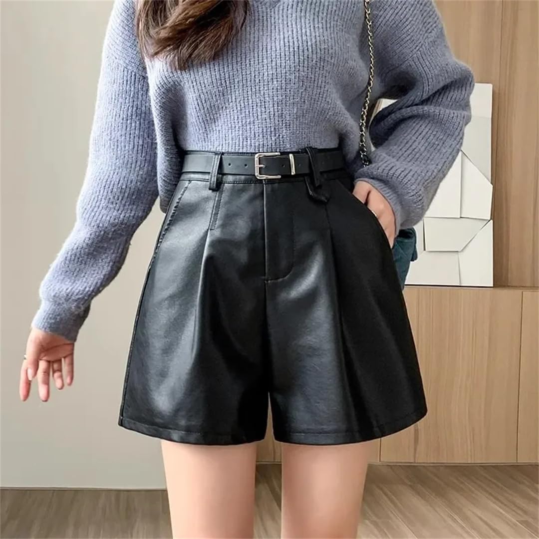 Women High-Waisted PU Leather Shorts for Winter A- Line Straight-Leg Casual Pants Style Base Pants