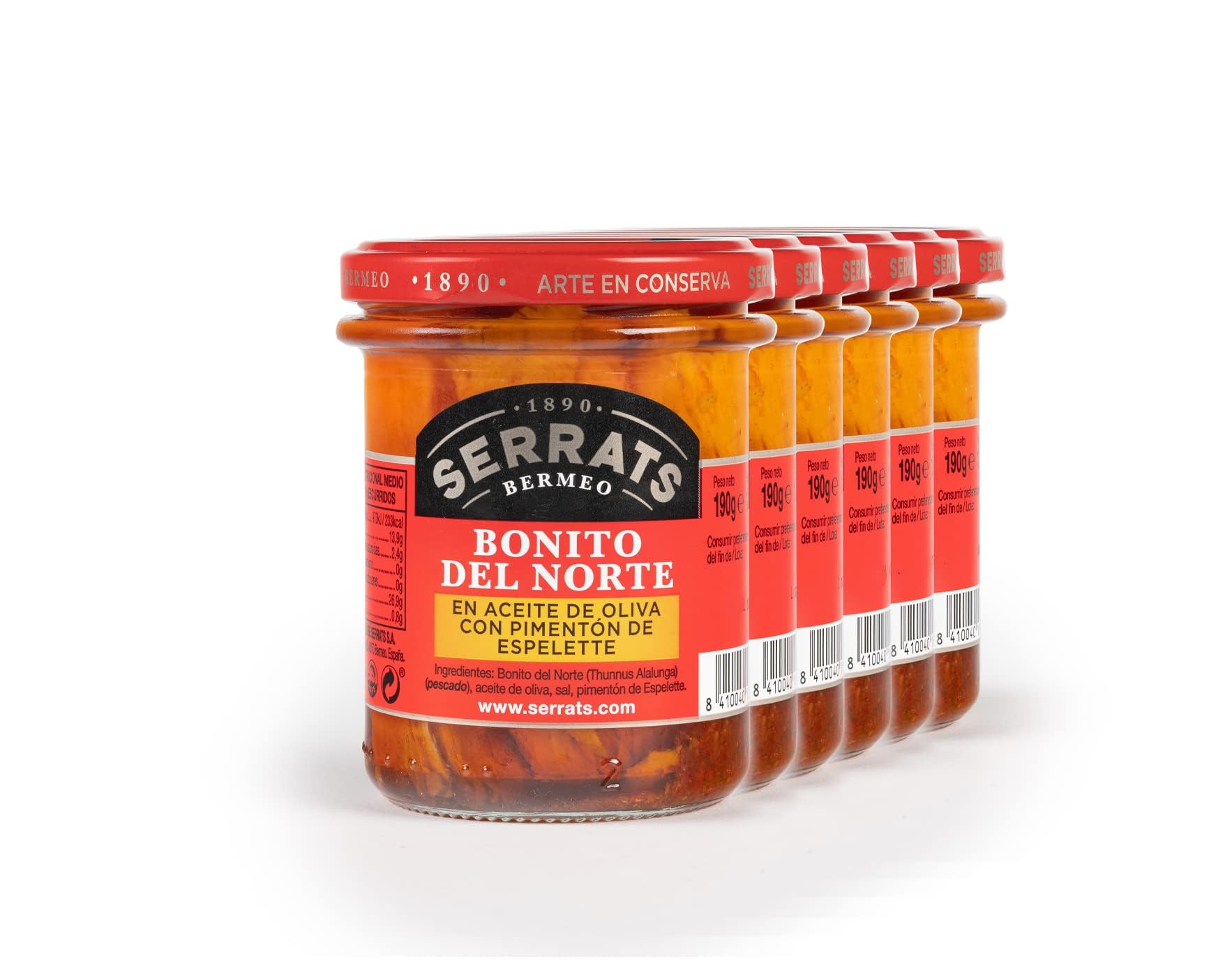 CONSERVAS SERRATS - Tonno Bianco del Cantabrico con Peperoncino di Espelette - 6 Lattine x 190g (Totale: 1140g) - Lavorazione Artigianale dal 1890 - Senza Glutine - Ricco di Omega 3