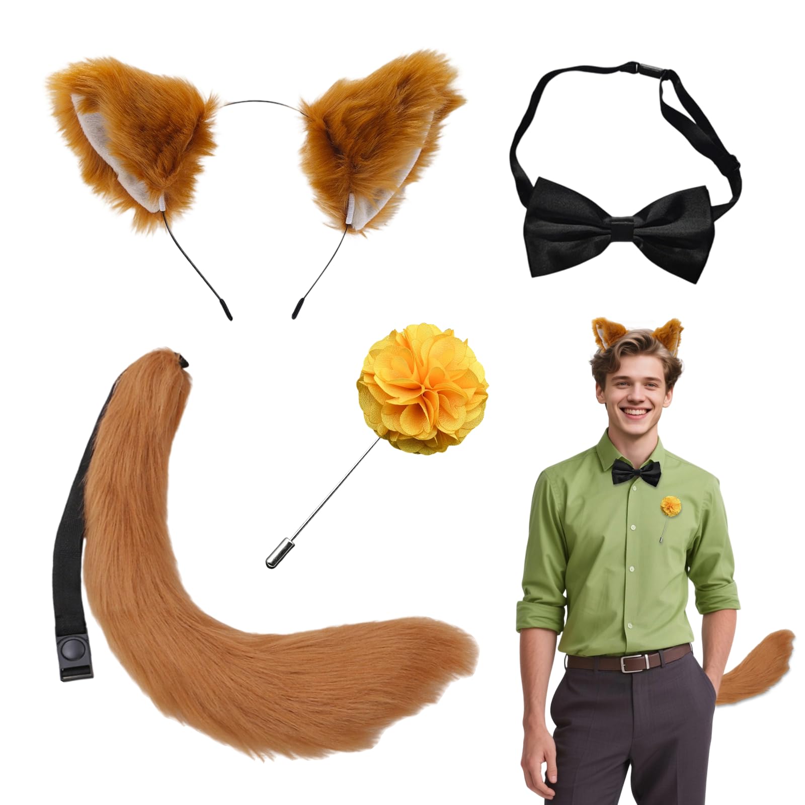 4pcs Fox Costume Accessory Set, Fox Ears and Tail Bow Tie Brooch, Furry Fox Ears Headband Animal Ears, Fox Costume Adult for World Book Day Cosplay Fancy Dress Up Cartoon Club Party Decorations