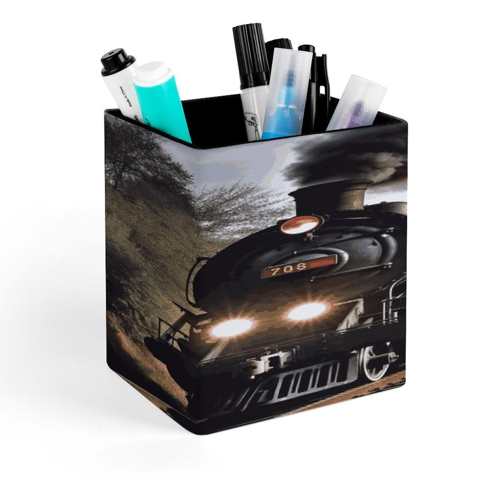 JTREHY Steam Train Pen Holder Square Pen Pencil Holder Makeup Brush Holders Cup PU Leather Pencil Cups Desktop Caddy Stationery Organizer Case Office Accessories Container Box