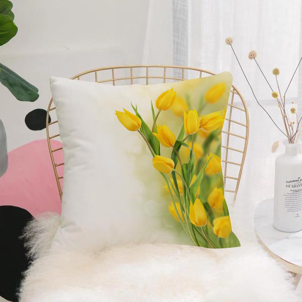 HYMSXW Cushion Cover,Throw Pillow Case Home Decorative for Living Room Bedroom Sofa Chair 20X20 Inch,Yellow Flower,Romantic Tulip Bouquet Famous Plant of Netherla,Pillowcase 50X50cm