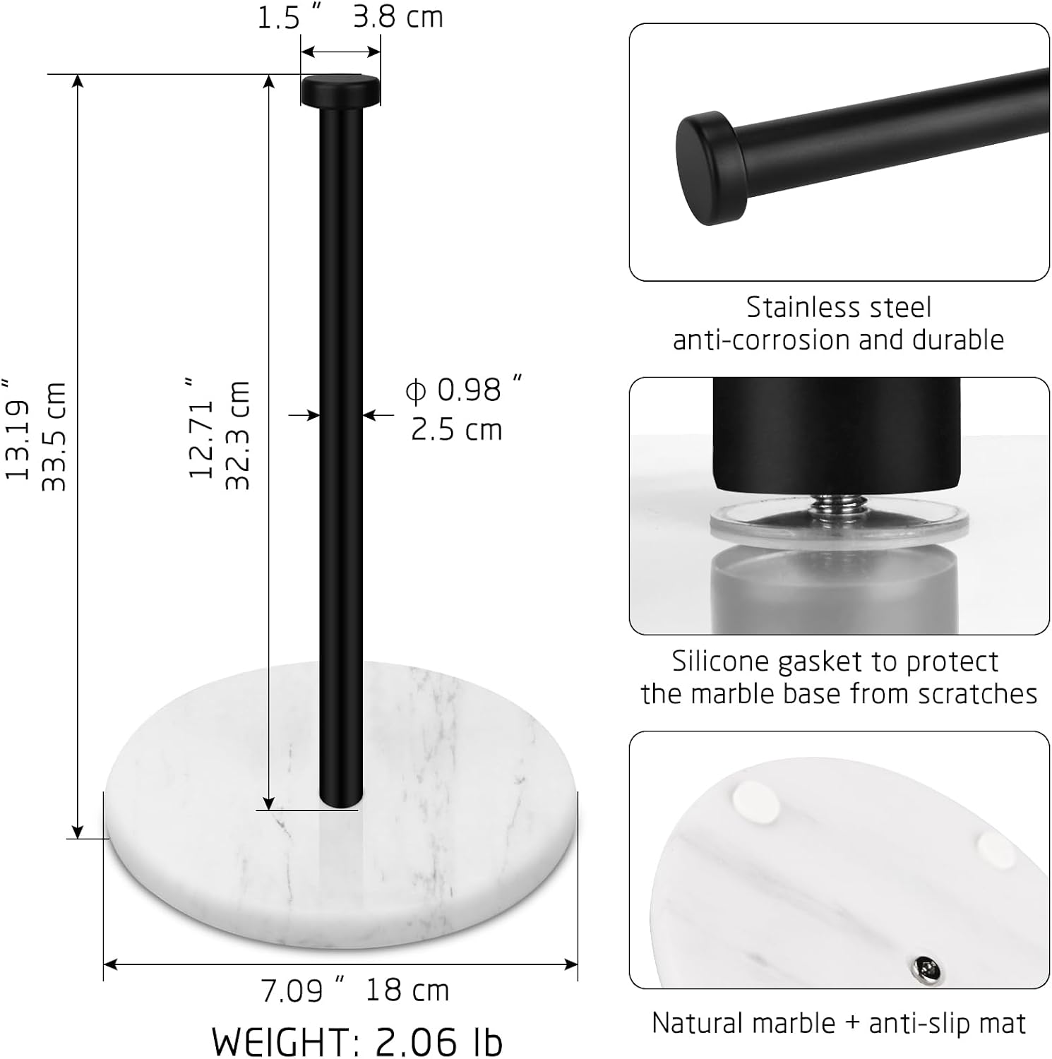 paper towel holder countertop with 7" weighted white marble base - modern free standing paper roll holder, matte black stainless steel stand paper towel holder for kitchen and bathroom matte black 7" white marble base