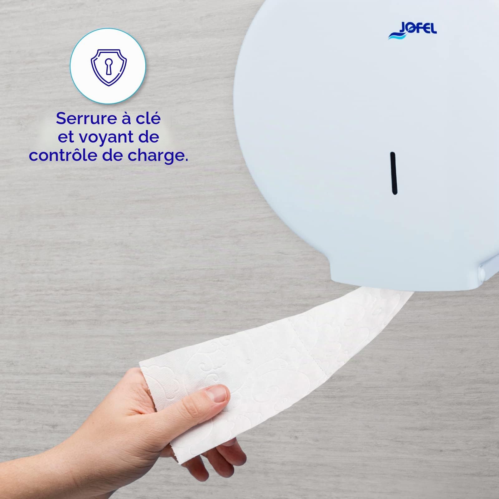 Jofel - Grand distributeur industriel de rouleaux de papier toilette, distributeur de rouleaux de papier jusqu'à 400m, diamètre max. 260mm, mandrin de 45mm, idéal toilettes publiques, Azur AE55000