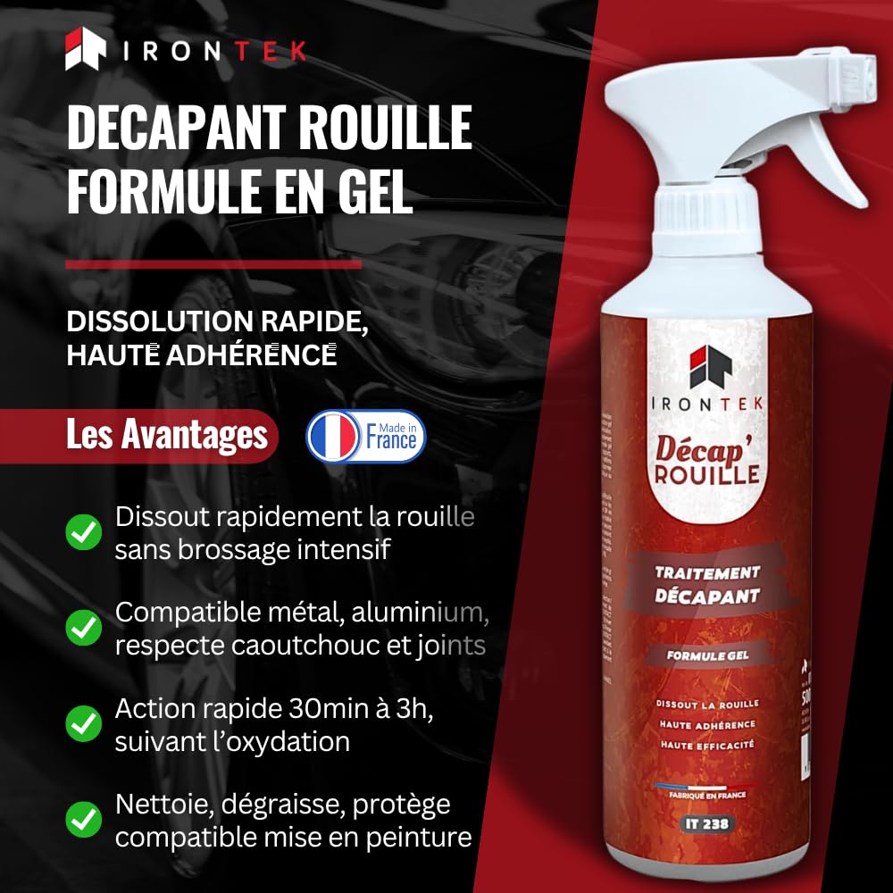 Décapant Rouille en Gel Spray 500 ML - IRONTEK | IT238 | Dissolvant Haute Efficacité | Dissout la Rouille Rapidement | Métaux Fer Acier | Anti-Rouille et Convertisseur de Rouille