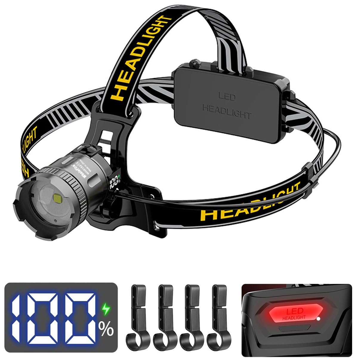 Lampada da Testa LED Ricaricabile, Super Luminosa 30000 Lumen, 3 Modalità di Illuminazione, Lampada da Tasca con Display, Impermeabile IP65, Testa Regolabile a 90°, Lampada da Testa per
