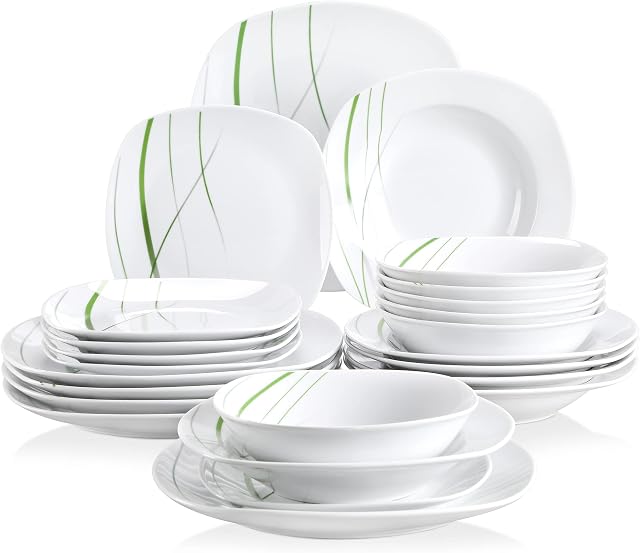 VEWEET 'Aviva' 24-Piece Dinner Set Porcelain Combination Sets Ivory White Green Lines China Tableware Set with Bowl Set and Plates Set Service for 6