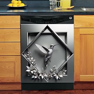 Metal Silver Bird with Flower Magnetic Dishwasher Cover,Steel Hummingbird Dishwasher Font Door Cover Decor,Refrigerator Magnet Sticker,Stainless Steel Texture Decal Kitchen Panel Decal,23"x26"