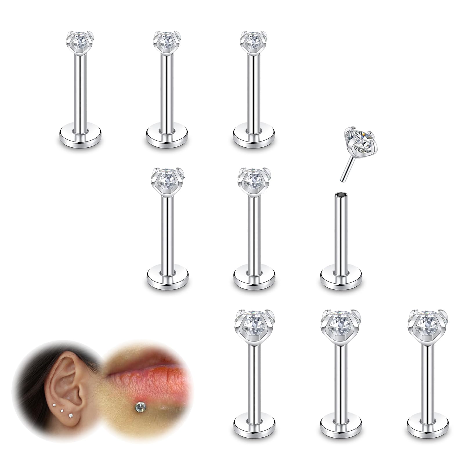 ZS 9Pcs 16G/18G/20G Threadless Push in Lip Labret Nose Studs, Stainless Steel Piercing Jewelry for Conch Medusa Piercing, CZ Forward Helix Tragus Earring for Women Men