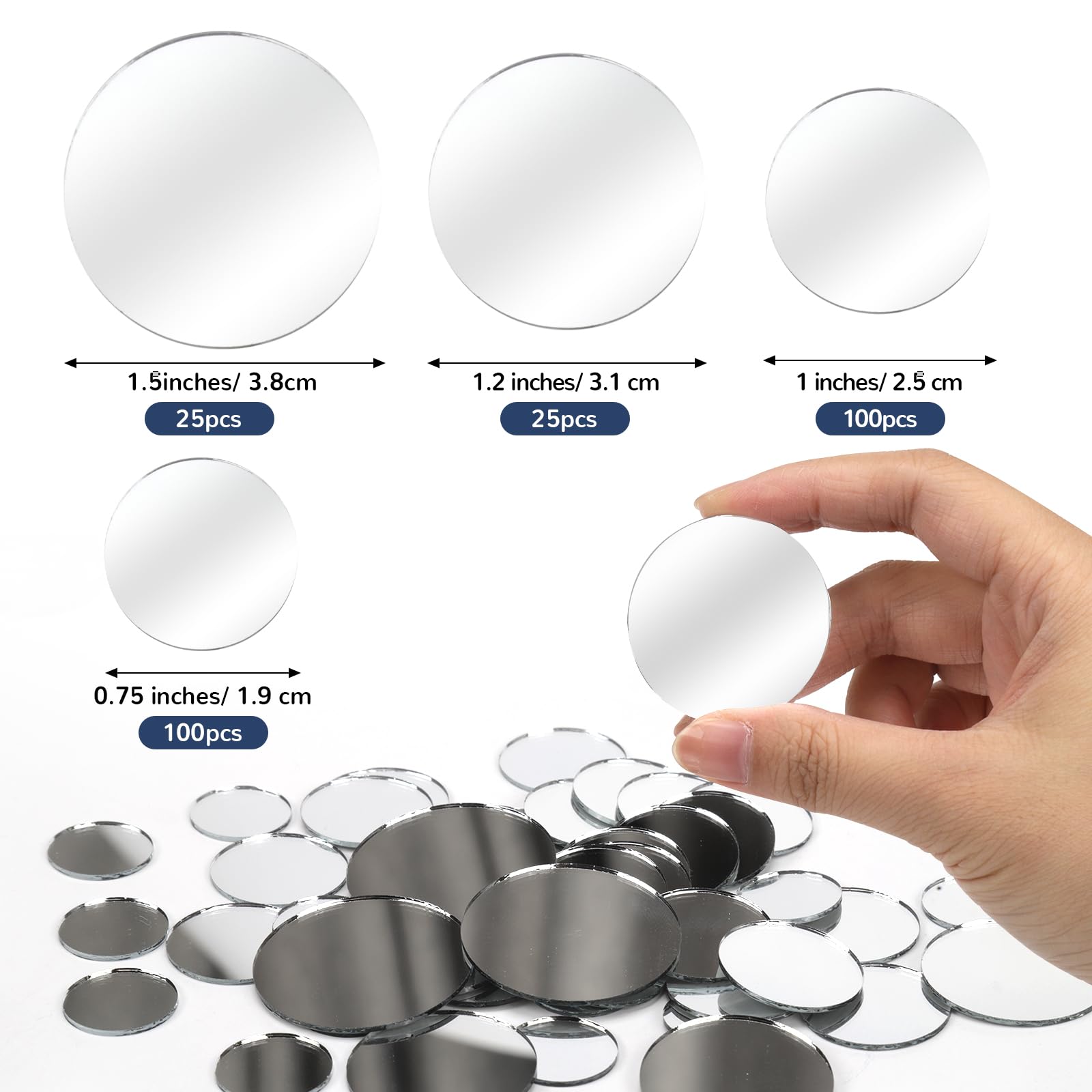 250 Pieces Small Circle Craft Mirror, Mini Round Glass Crafts Mosaic Mirror Tiles for Crafts and DIY Projects Supplies Home Decoration, 0.75 Inch, 1 Inch, 1.2 Inch, 1.5Inch