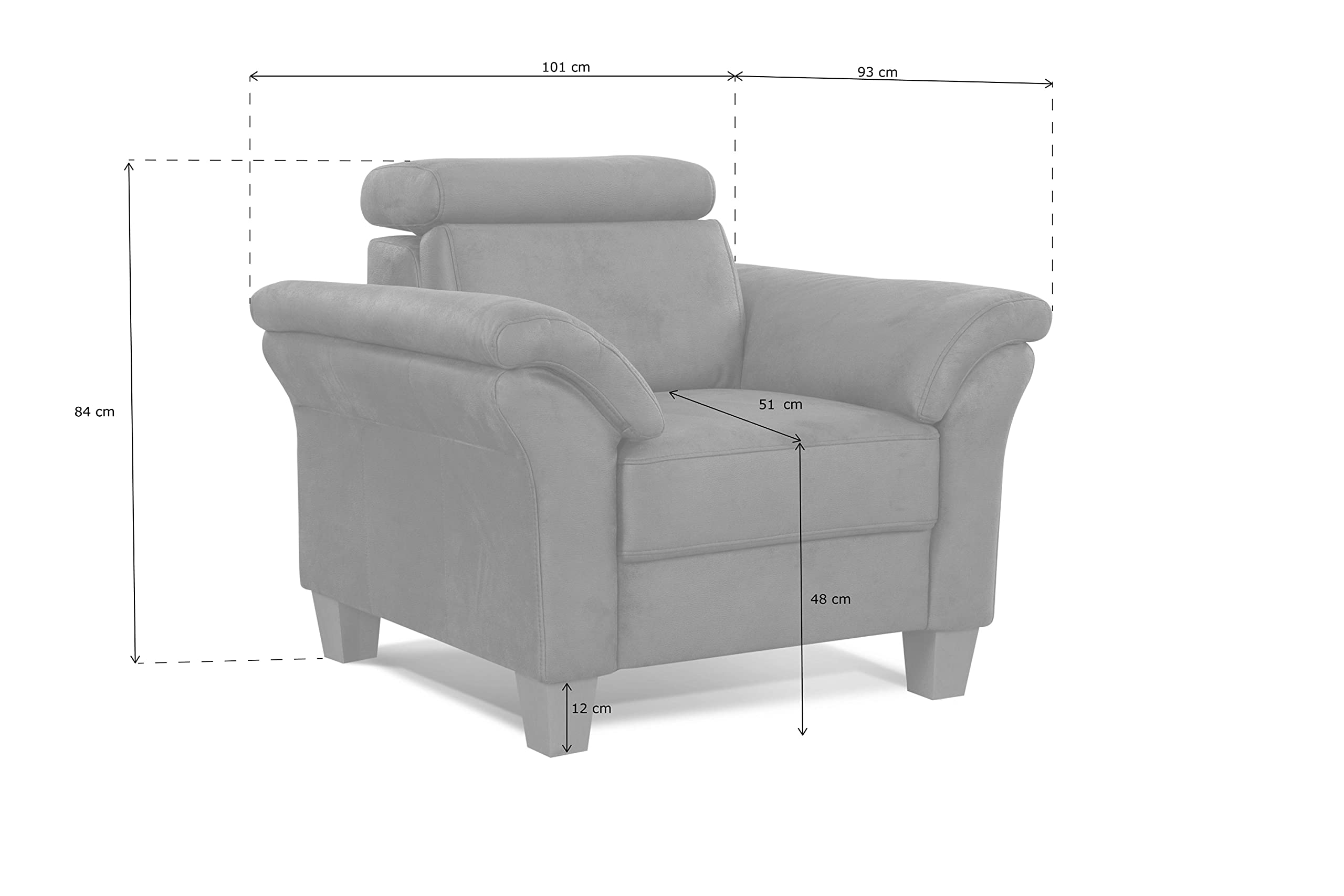 Cavadore Sessel Ammerland / Polstersessel im Landhausstil mit Federkern + verstellbarer Kopfstütze / 101 x 84 x 93 / Wildlederoptik, Grau