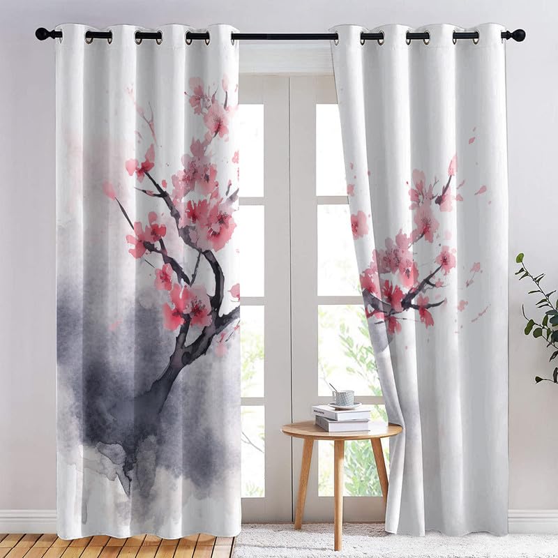 Rideau Occultant Fleur de Cerisier, Rideau Isolant Thermique pour Salon Chambre, Rideaux Motif Fleur Rose Japonais, Rideau Opaque à Oeillets, Lot de 2 Rideaux et Draperies Intérieurs 140x220 cm (LxH)