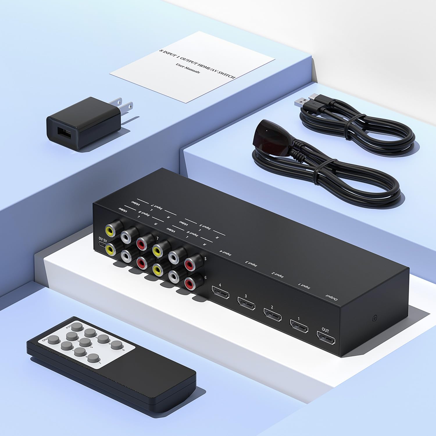 Y.D.F Commutateur 4 voies HDMI 2.0 + convertisseur 4 RCA vers HDMI (2 en 1) 4 voies AV composite CVBS commutateur vers HDMI prend en charge la commutation 4:3/16:9 pour N64 NGC Wii Xbox PS2/3/4/5 Xbox