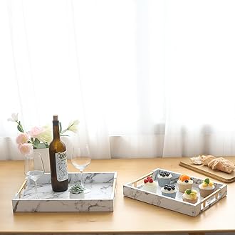 SwallowLiving Set of 2 White Fake Marble Serving Tray with Gold Polished Metal Handles White Decorative Wood Tray PU Leather with Brushed Gold for Coffee Table Ottoman Console Table Decor