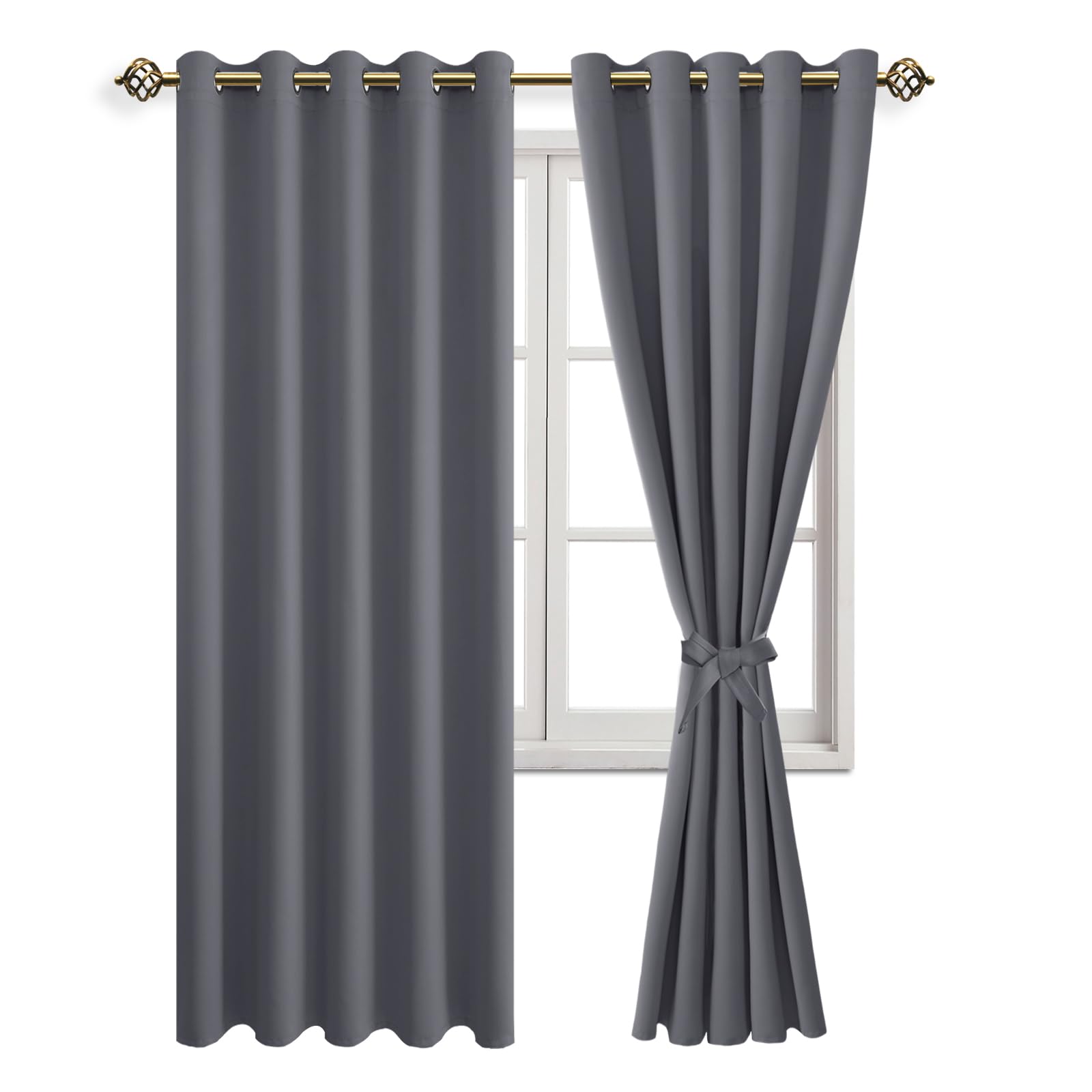 JIUZHEN Verdunklungsvorhänge mit Raffhalter Grau Vorhang Blickdicht Gardinen Ösenvorhang für Schlafzimmer Thermovorhang Wohnzimmer, 2 Stück, 228x167cm(HxB)