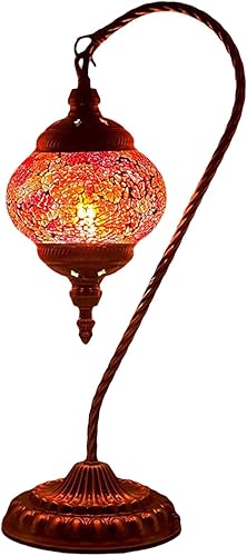 Miniatura 6 de SILVERFEVER Lámpara turca de mosaico, farol marroquí de cristal con cuello de cisne para mesa, escritorio, mesita de noche, base de bronce, paquete
