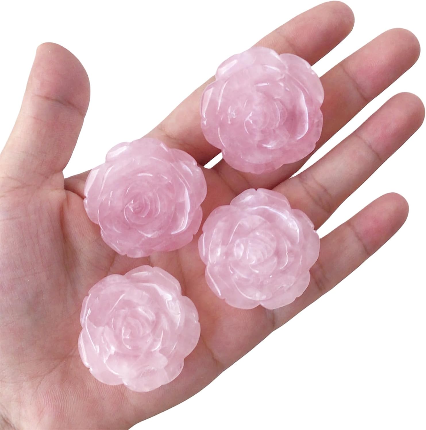 4PCS Hand Carved Natural Crystal Rose Flower Figurines Decor Set Drilled Flower Stone Kit for DIY, Jewelry Making, Rose Quartz