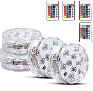 Gluckluz Submersible LED Lights Aquarium Swimming Pool Decorations Waterproof RGB Decor. Light with Remote Control for Fish Tank Home Underwater Vase Base Pond (10 LED, Battery Power,4 Packs)