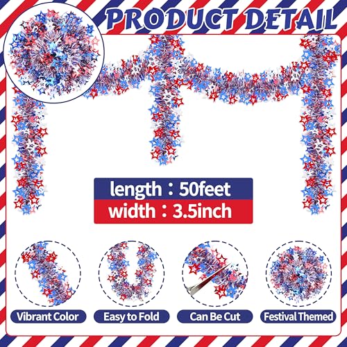 Image of 50FT 4th of July Patriotic Tinsel Garland, Glitter Tinsel Garlands with Cut Out Designs Star, Metallic Holiday Hanging Streamers for Memorial Day Independence Day Indoor Outdoor Party Decor