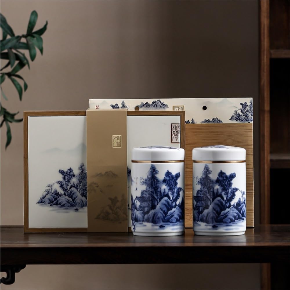 HLTYGWX Teedose, Vintage, handbemalt, Landschaftsmalerei, große Tee-Vorratsdose mit Deckel, versiegeltes Keramikglas, chinesisches Tee-Set, einzelnes Glas, Teedose