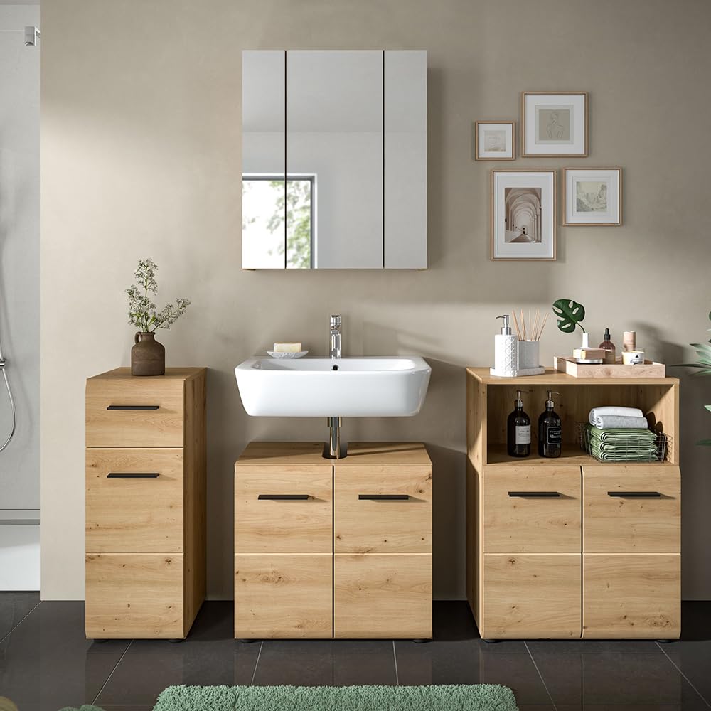 Lomadox Badezimmer Badmöbel-Set 4-teilig in Eiche, mit 2 Unterschränke, 1 Spiegelschrank mit 3D-Funktion & 1 Waschbeckenschrank
