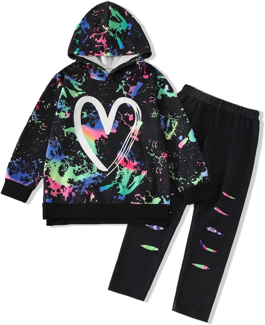 Toddler Baby Girls Clothes Long-sleeve Tie Dye Hoodie Pullover and Sweatpants Heart Print Hooded Outfits Set