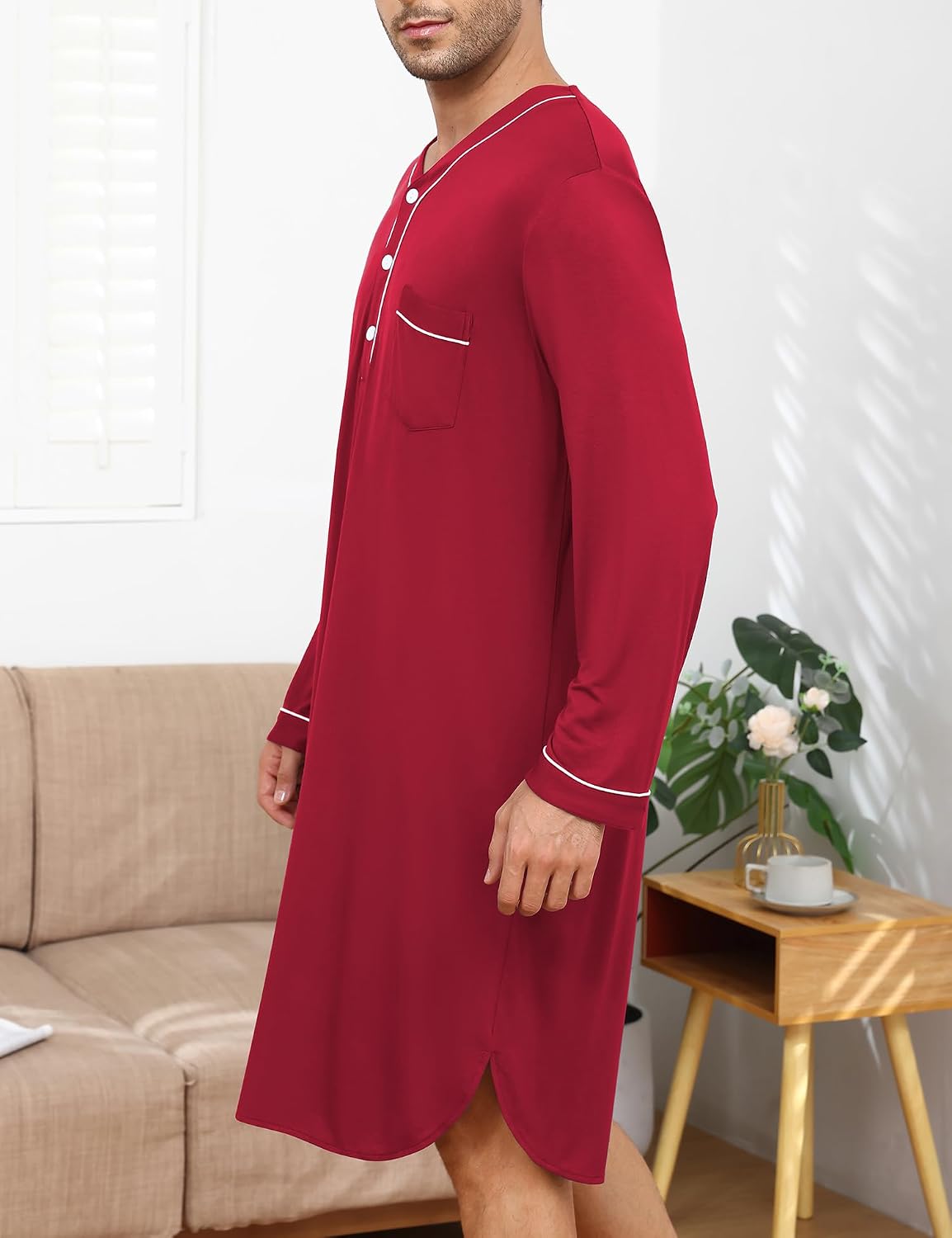 SWOMOG Men's Nightshirt Long Sleeve Nightgown Soft Loose Sleepwear Lightweight Nightwear Comfy Henley Sleep Shirt M-3XL