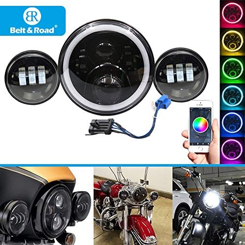 Belt&Road 7 Inch LED Headlight With Cellphone Bluetooth Controlled RGB Angel Eye and 4.5 inch Foglight for 2014-2017 Harley Davidson Soft Tail Motorcycle,Hi-Lo Beam Projector Headlamp(Black)