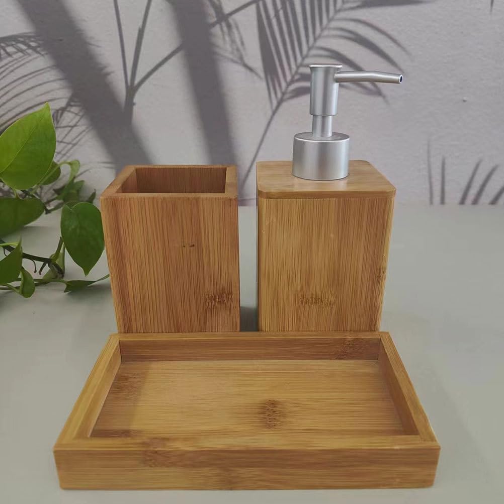 IMIKEYA Accessori da bagno in bambù Set multifunzionale con dispenser di sapone e portaspazzolino bicchiere per risciacquo e base materiale resistente e design elegante per la casa