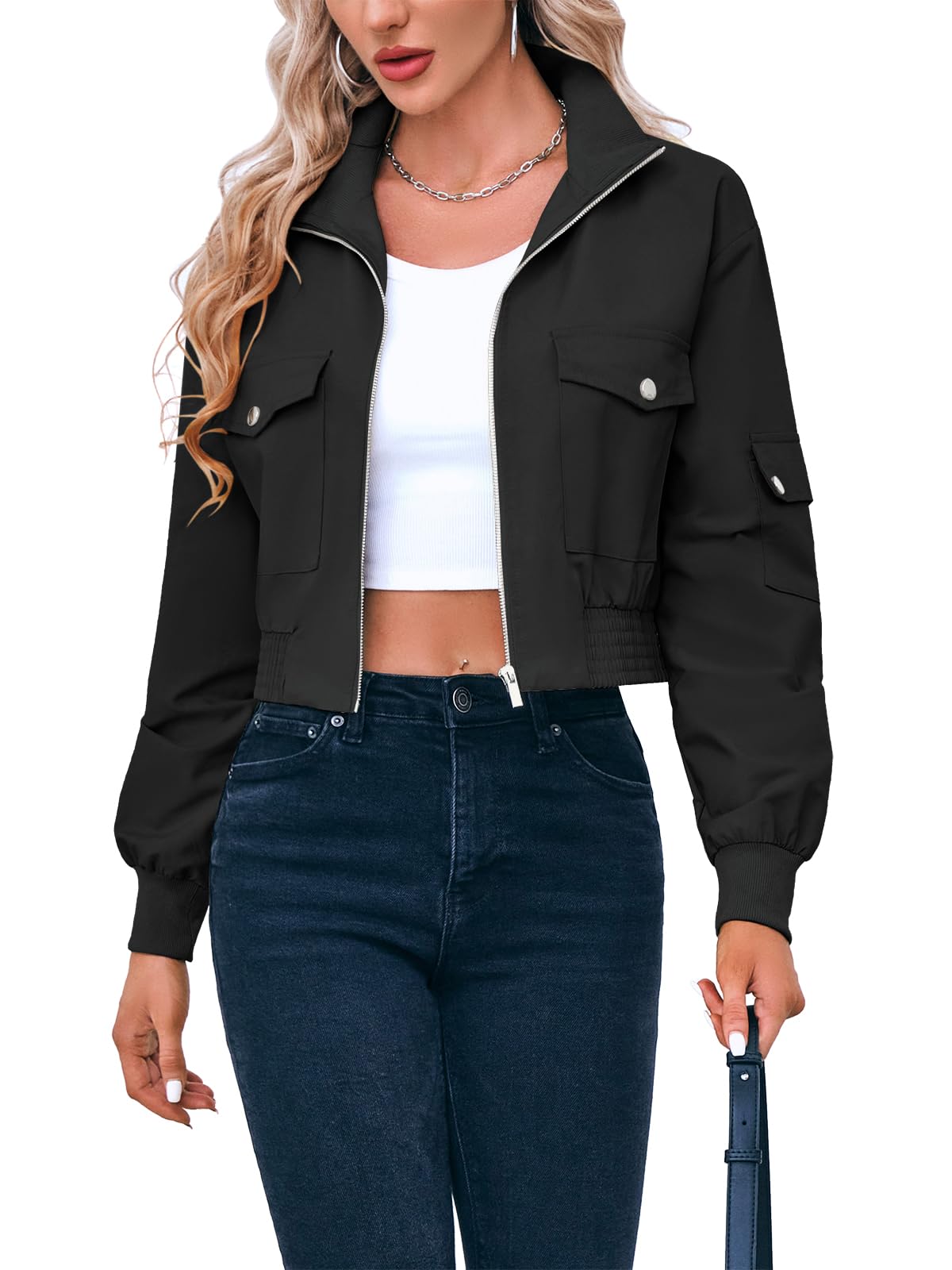 Fisoew Women's Cropped Bomber Jackets Lightweight Zip Up Short Coats