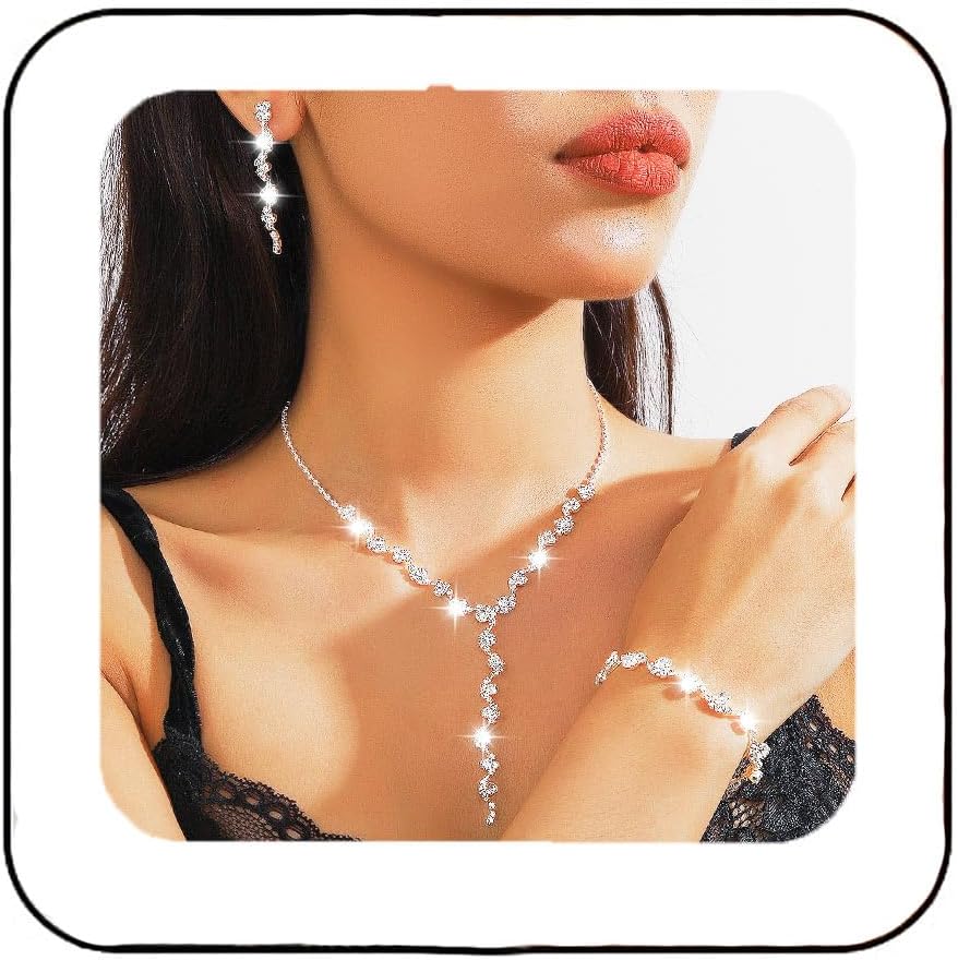 GORAIS Bridal Wedding Jewelry Set Silver Rhinestone Necklace Earring Sets Crystal Bracelet Formal Costume Jewelry for Women and Brides