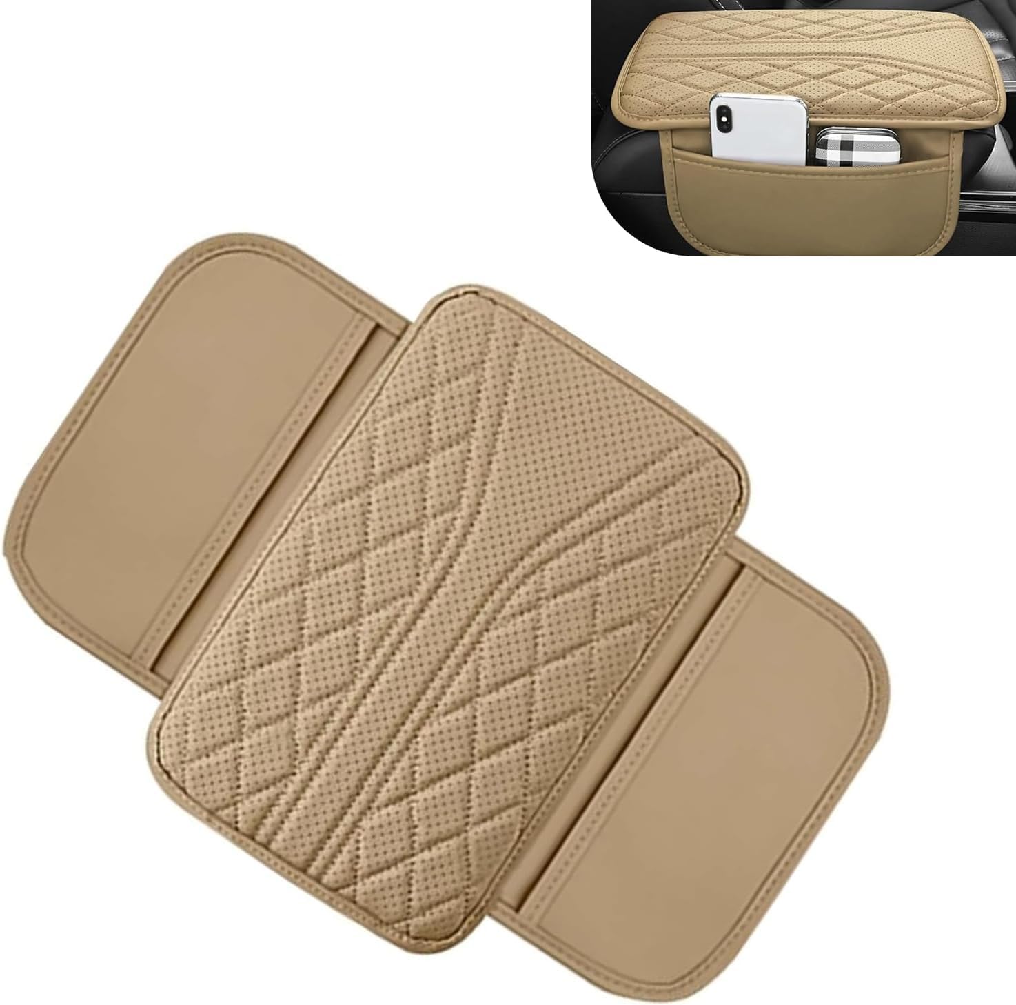 QIZUN Car Armrest Cushion for FIAT Topolino Elektro ab Bj 2023, Extra Wide Center Console Cover with Side Storage Pockets, Leather Armrest Pad for Long Trips,Yellow