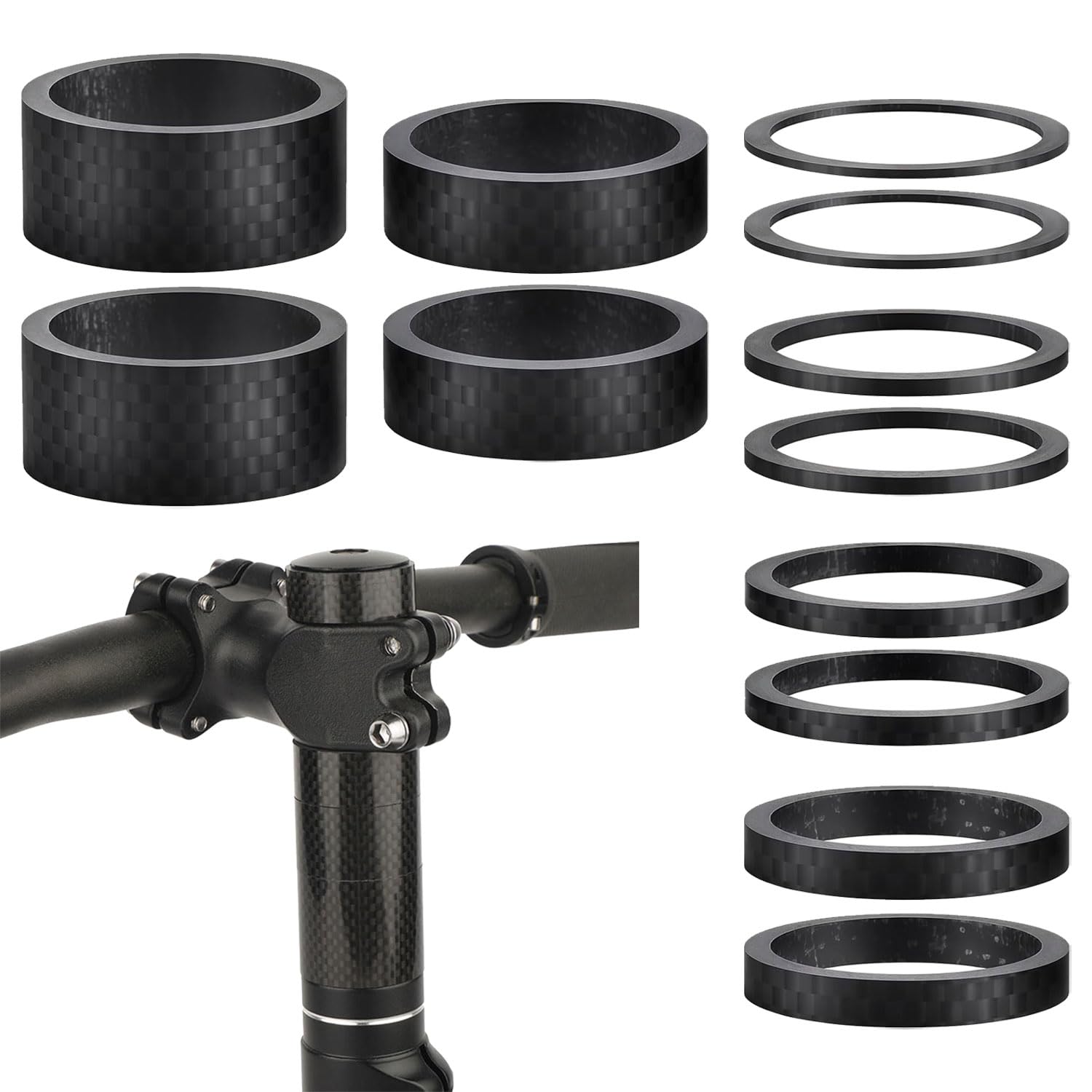 Gansdnek 12 PCS Bike Carbon Fiber Headset Spacers, 6 Sizes Durable Bicycle Front Fork Stem Spacers, 1-1/8 Inch Lightweight Bike Handlebar Stem Spacers for MTB, Mountain Road Bicycle (1/2/3/5/10/15mm)