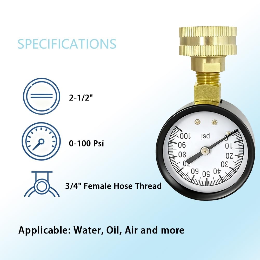 YSIL 0-100 PSI Water Pressure Test Gauge 3/4" GHT Female Garden Hose Thread Iron Case with Sealing Ring for Irrigation System House Measuring