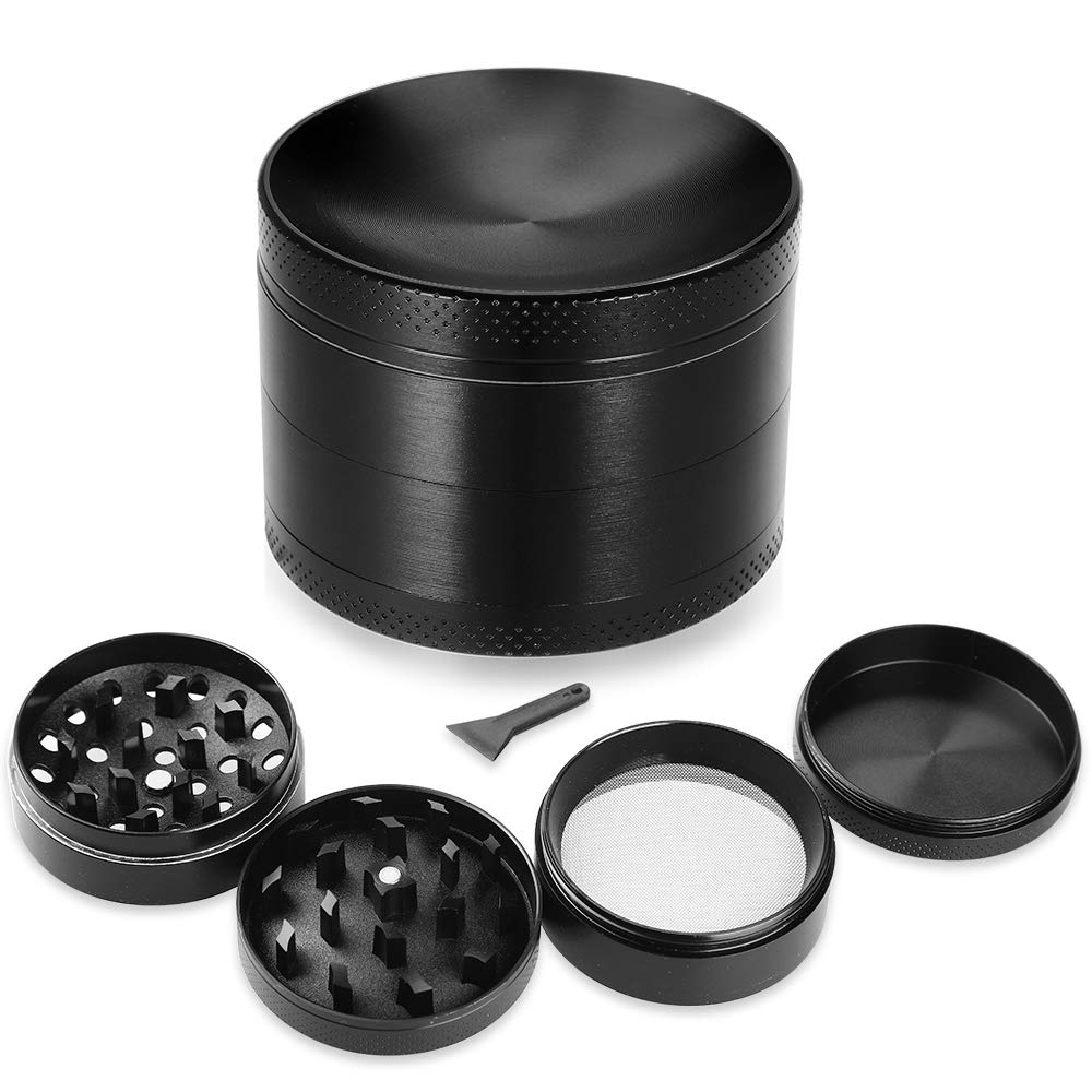 Anpro Grinder 55 mm Spezie Macina Tritino 4 Pezzi Spezie Grinder in Metallo con Setaccio per Polline, Coperchio Magnetico e Raschietto, Nero
