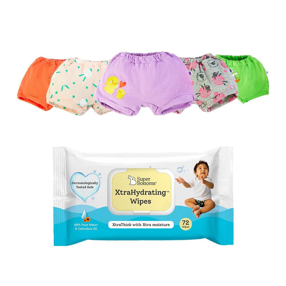 BASIC Super Soft Bloomer with SuperBottoms XtraHydrating™ Wipes-72 Pack | 100% Pure Cotton Innerwear | 3x Thicker Premium Wet wipes | 98% Pure Water | Pack of 5 Underwear | Size -18-24 Months