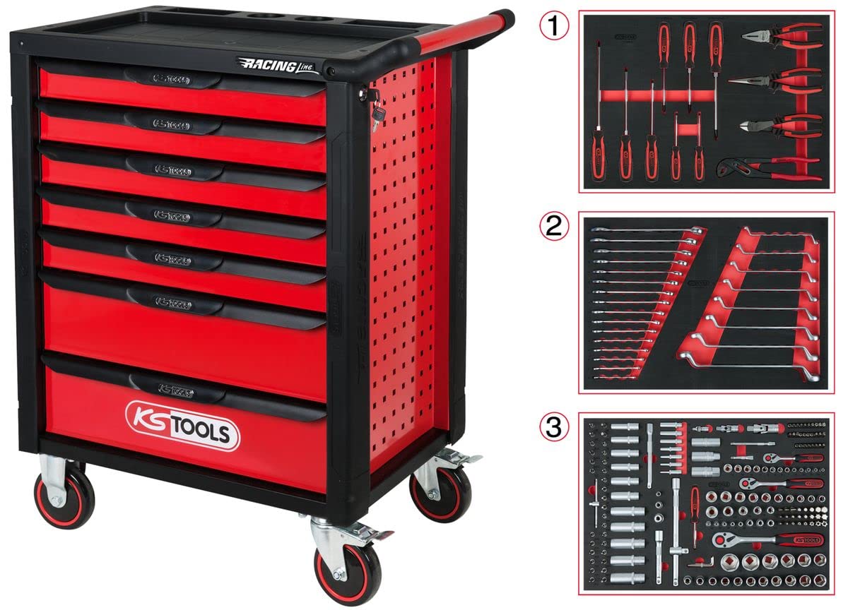 KS Tools 826.7215 RACINGline Servante d'atelier 7 tiroirs, 215 outils | Servante d'atelier RACINGline NOIR/ROUGE 7 tiroirs équipée de 215 outils, rangement atelier