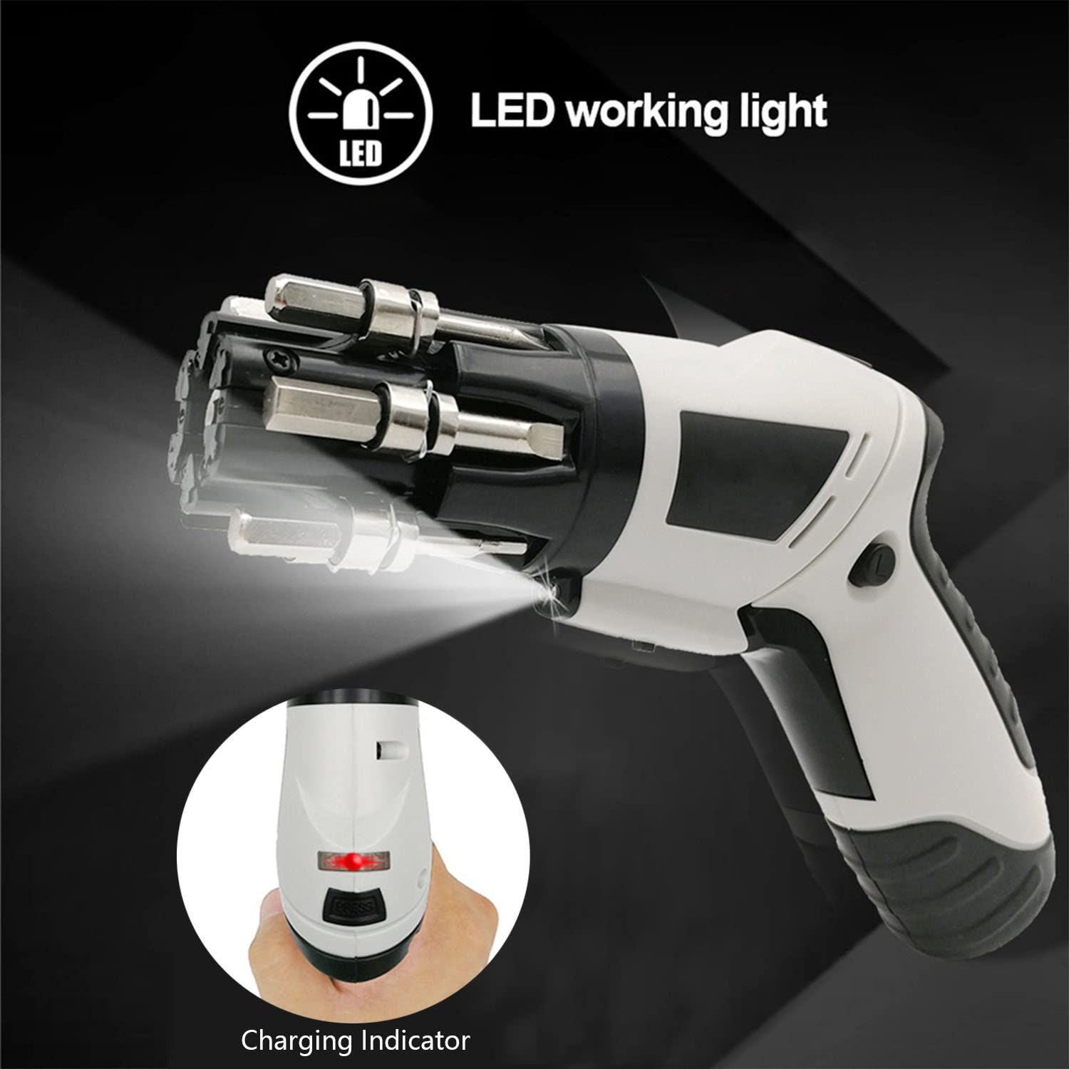 FAXIOAWA Destornillador inalámbrico 4.8V 700 mAh Batería Recargable de Iones de Litio Mango de pivote Enchufe de Bricolaje Juego de Destornilladores eléctricos Kit de Accesorios, luz de Trabajo LED