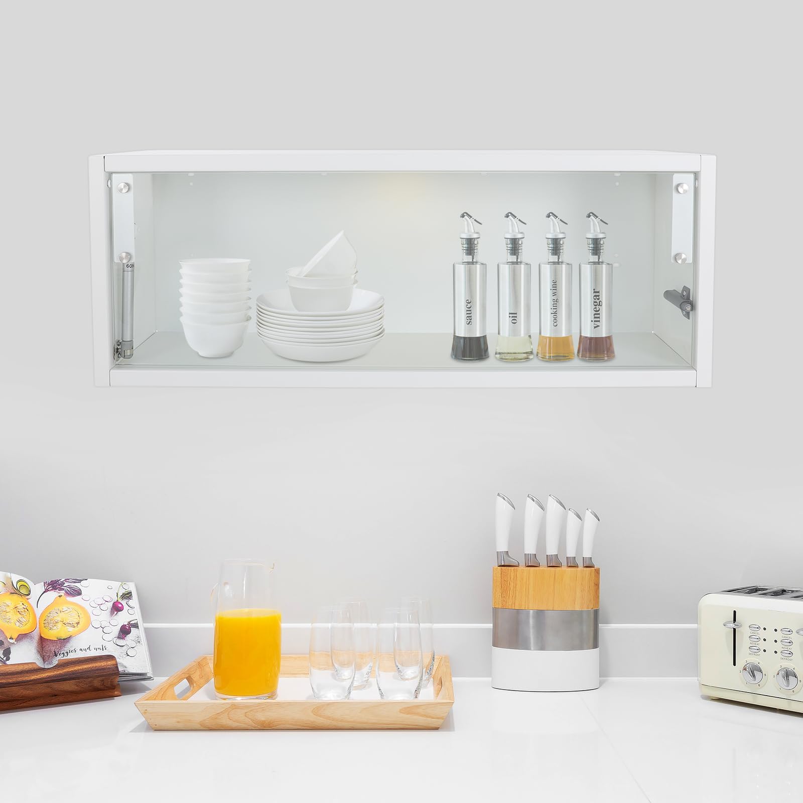 Wandschrank Aufbewahrungsschrank mit LED Licht Wandregal Hängeschrank mit Temperglas Tür Küchenschrank mit USB Ladefunktion für Küche Wohnzimmer Schlafzimmer Wandmontage Stauraum (Weiß, 80*18*30cm)