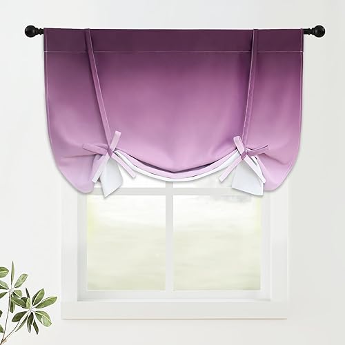 COSVIYA 100% Blackout Ombre Purple Adjustable Tie Up Curtains for Kitchen Therma