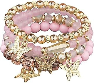 4 Pcs Cute Butterfly Charm Bracelets Set Gold Beaded Stackable Stretch Bracelets Bohemian Summer Jewelry Gifts for Women - Buy now