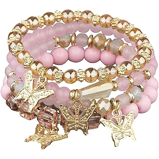4 Pcs Cute Butterfly Charm Bracelets Set Gold Beaded Stackable Stretch Bracelets Bohemian Summer Jewelry Gifts for Women