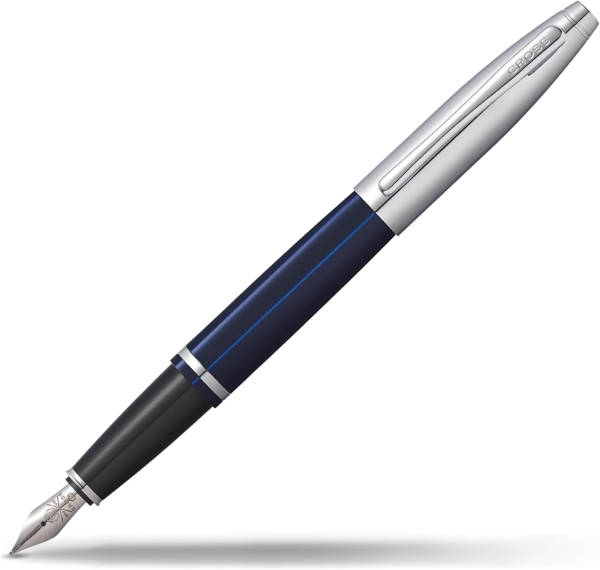 Cross Calais Chrome & Blue Refillable Fountain Pen – Medium Point, Black Ink, Smooth Writing, Presented in a Luxury Gift Box