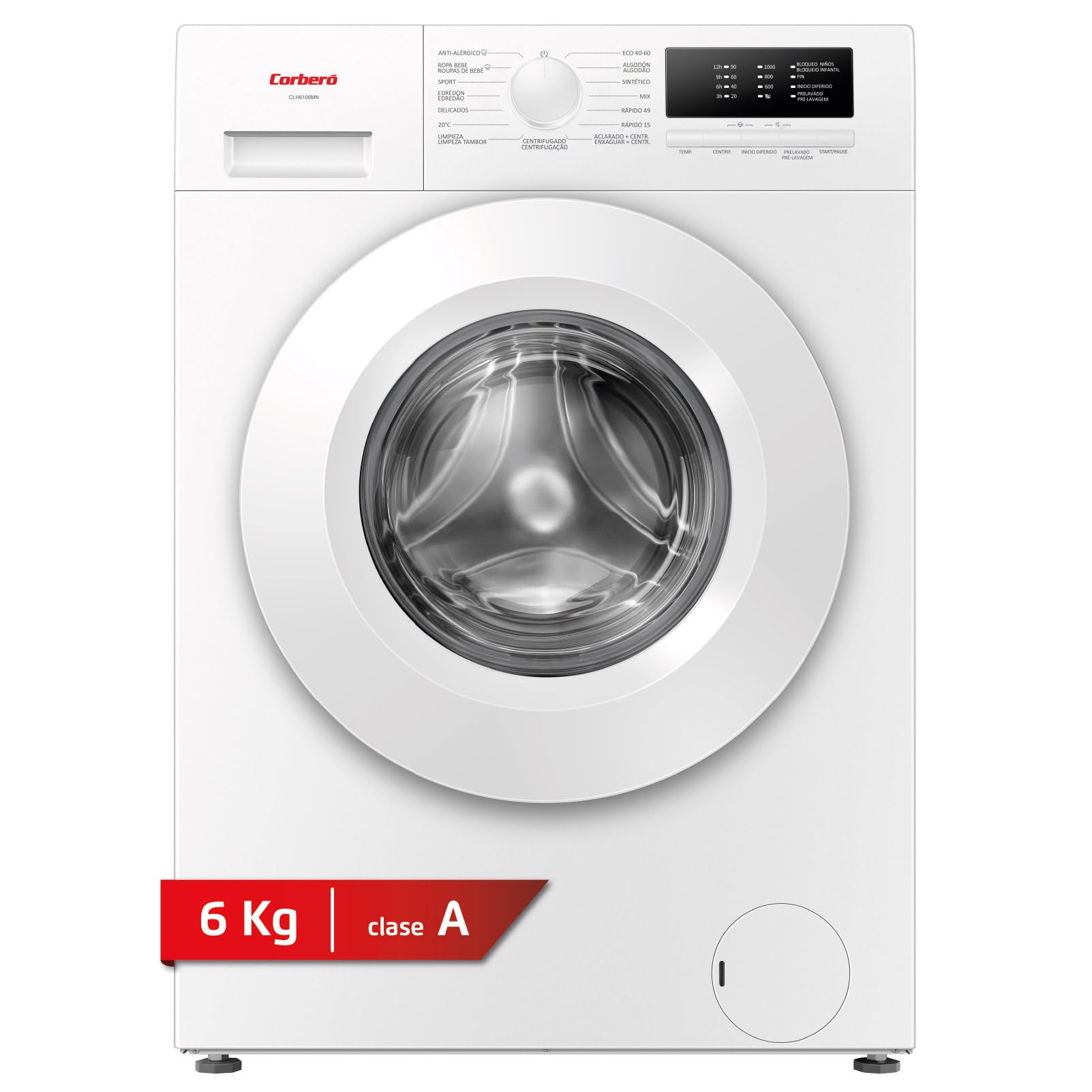 Corberó - Lavadora Plus 6 kg | CLH6106MN | 1000 rpm | Motor Inverter | 15 Programas| Función Vapor | Inicio Diferido y Antialérgica | Blanco