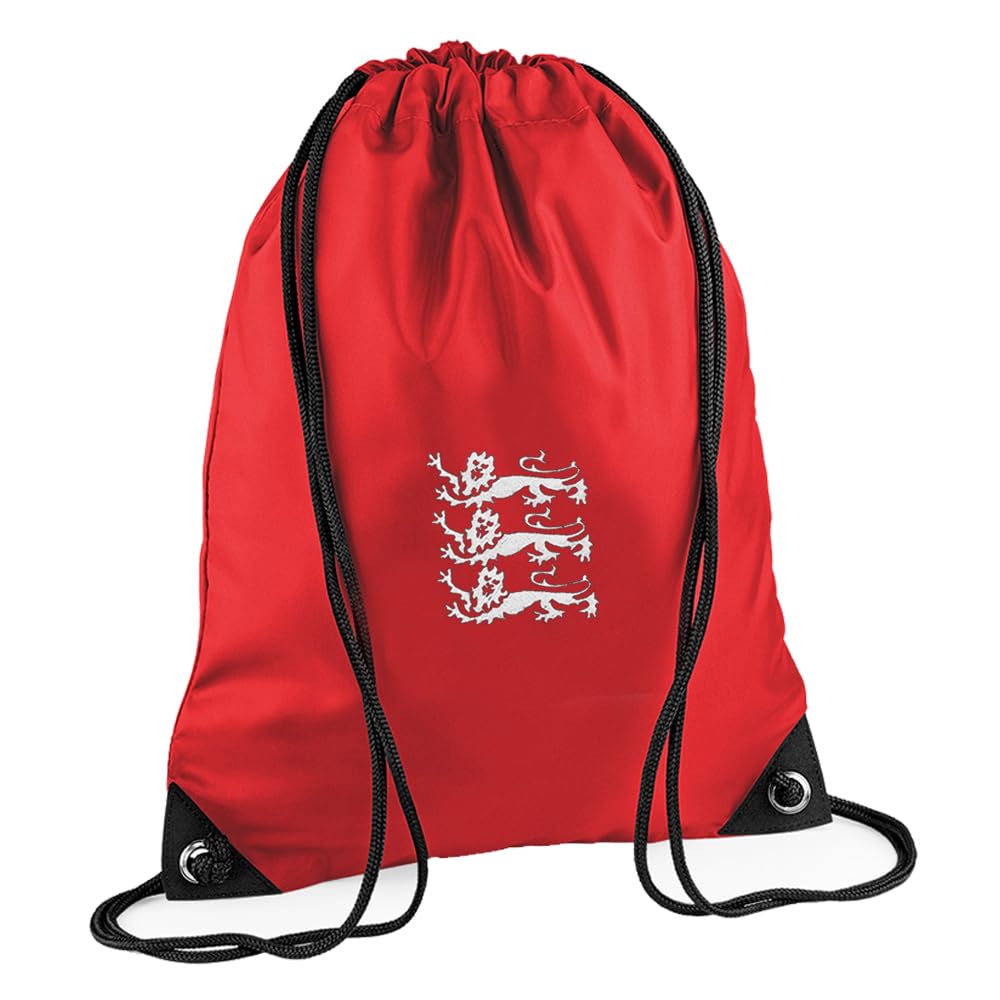 TeddyT's 3 Lions England Embroidered Sports Drawstring Gym & Swimming Bag (Classic Red)