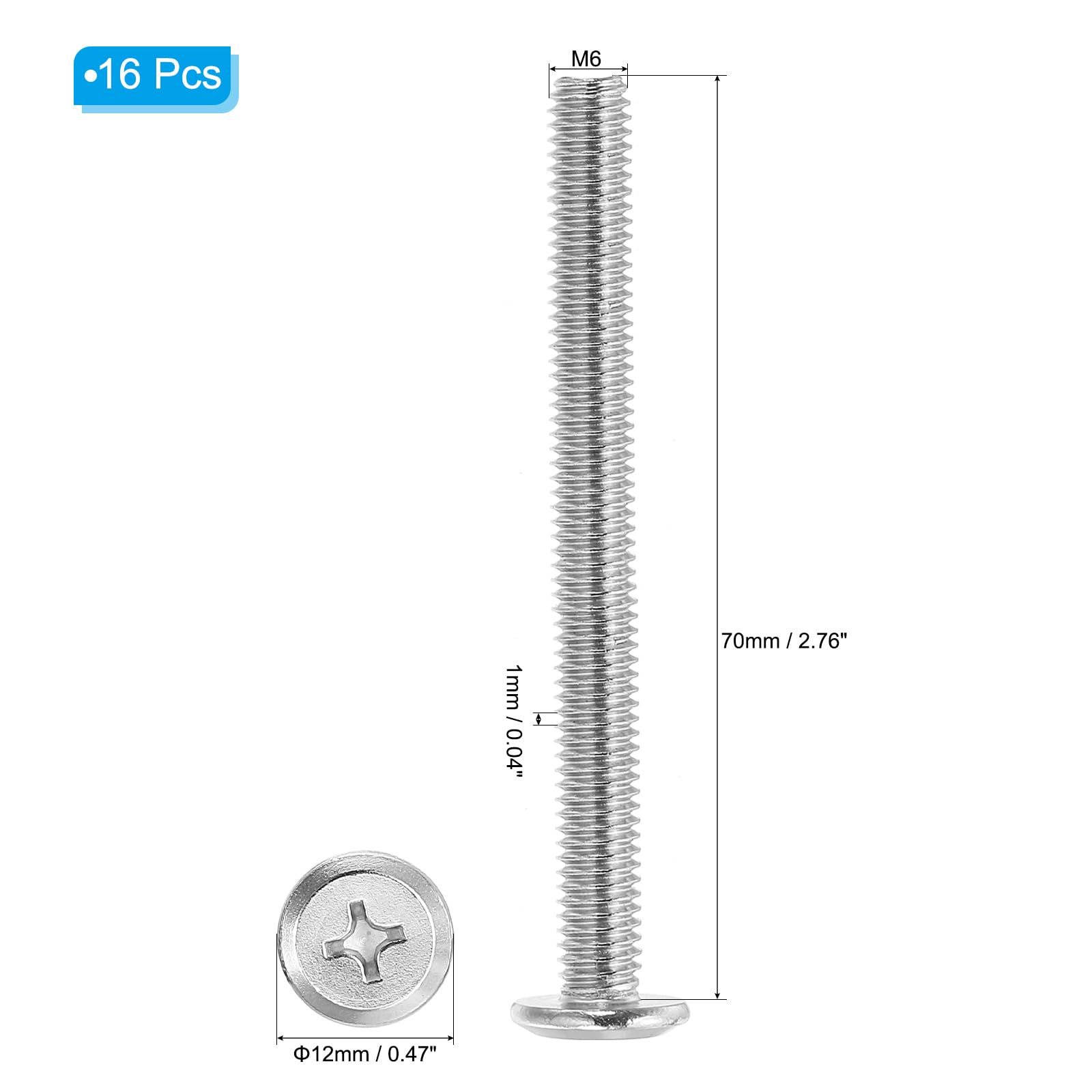 PATIKIL Flat Round Head Phillips Screws, 8 Pack M6-1 x 70mm Binding Screws 304 Stainless Steel 18-8 Full Thread - Image 2